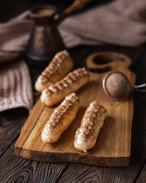 French Dessert Coffee Eclairs Brown Background Sweet French Food Home — Stock Photo, Image