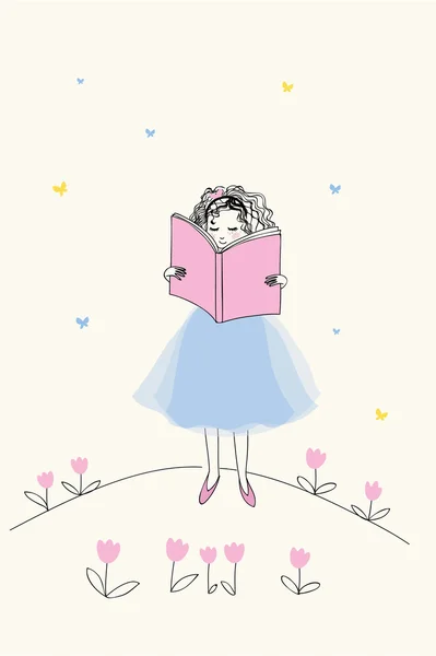 Linda chica leyendo un libro . — Vector de stock