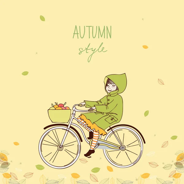 在秋季的一天骑自行车的女孩. 矢量图形