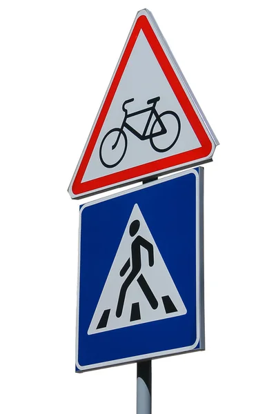 Дорожні знаки ізольовані на білому ( Дивитися для велосипедистів і Педро — стокове фото