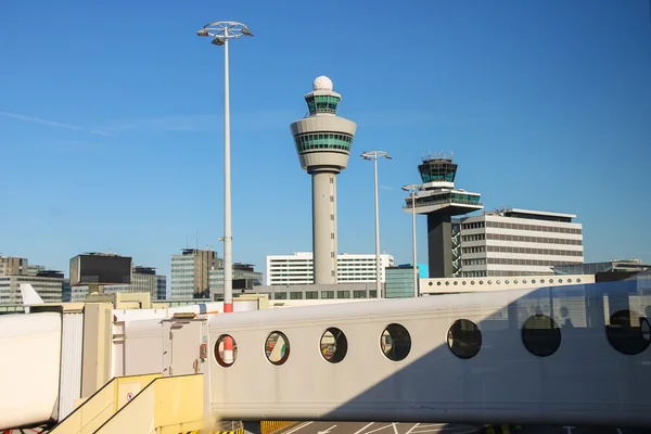 View the control tower and other buildings from the window of th — Stock Photo, Image