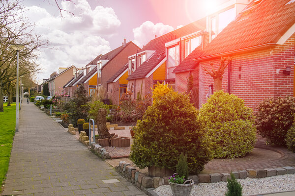 Picturesque houses on a city street in Meerkerk, Netherlands