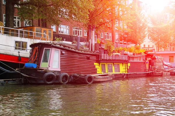 Amsterdam'da bir kanal gemilerde. Hollanda