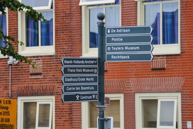 Tourist signpost at the crossroads in Harlem, the Netherlands clipart
