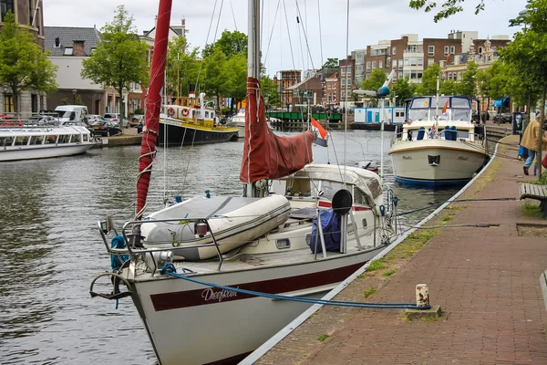 Verankerde jachten in de rivier van het Spaarne in Haarlem, Nederland — Stockfoto