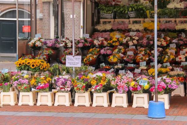 Loja de flores de rua com buquês coloridos no centro da cidade. Haarl. — Fotografia de Stock