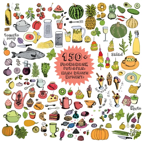 食品および飲む鍋および鍋手描画要素色セット — ストックベクタ