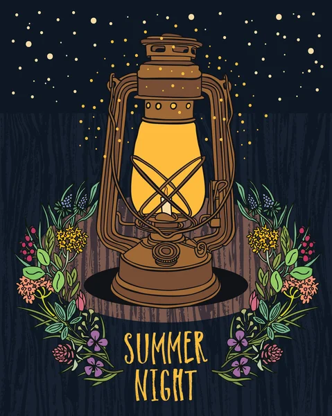 Sommernachthimmel Vintage-Lampe mit Nachtfliege — Stockvektor