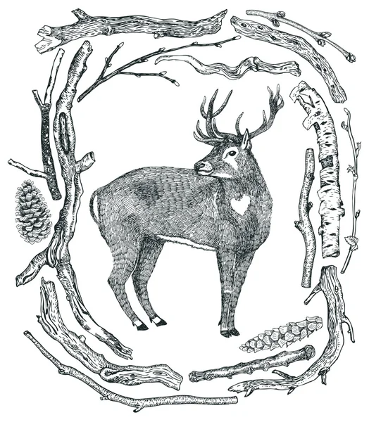 December Deer in a winter forest Frame of Driftwood Wild wild wo — Stock Vector