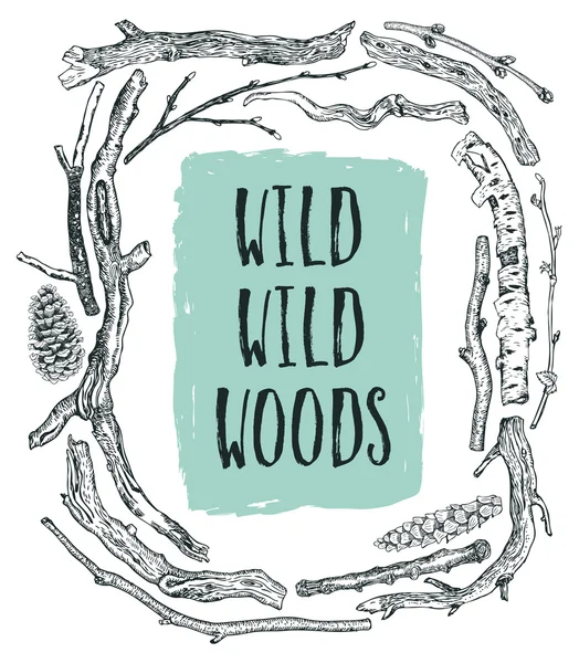 Quadro de Driftwood Florestas selvagens Estilo esboço Desenho à mão —  Vetores de Stock