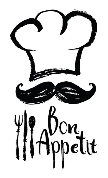 Cartão de design Bon Appetit com chapéu de chef e bigode — Vetor de Stock