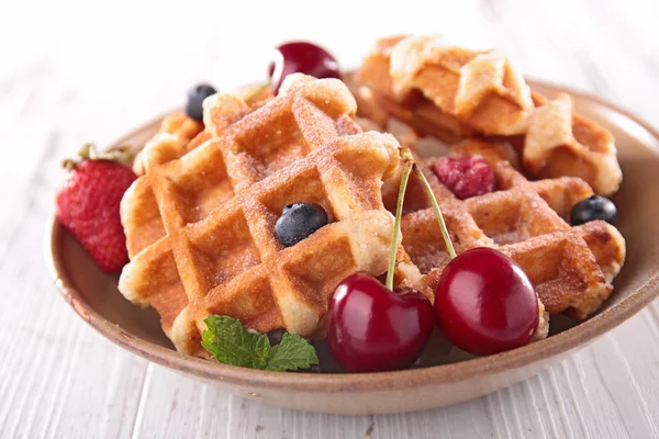 Waffle and cherry fruits — Stock Photo, Image