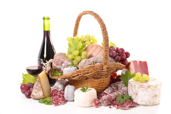 Assorted cheese, salami and wine — Stock Photo, Image