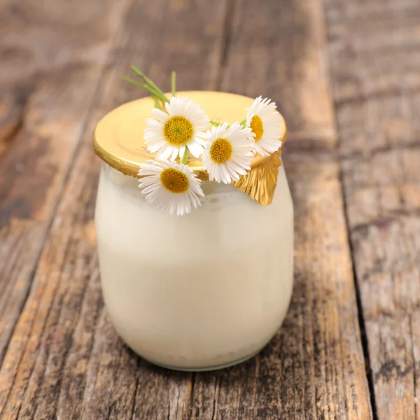 Fresh yogurt in jar — Stock Photo, Image