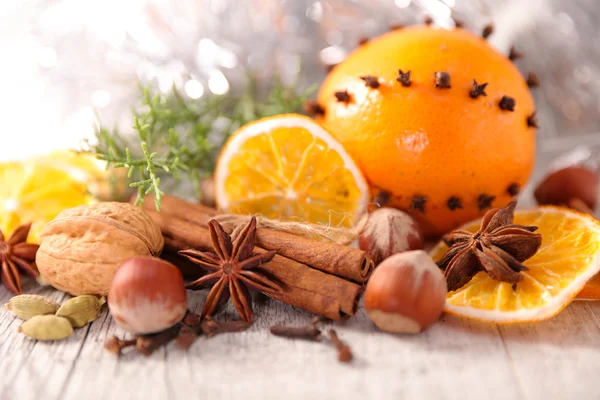 Oranges, decorations and spices — Stock Photo, Image