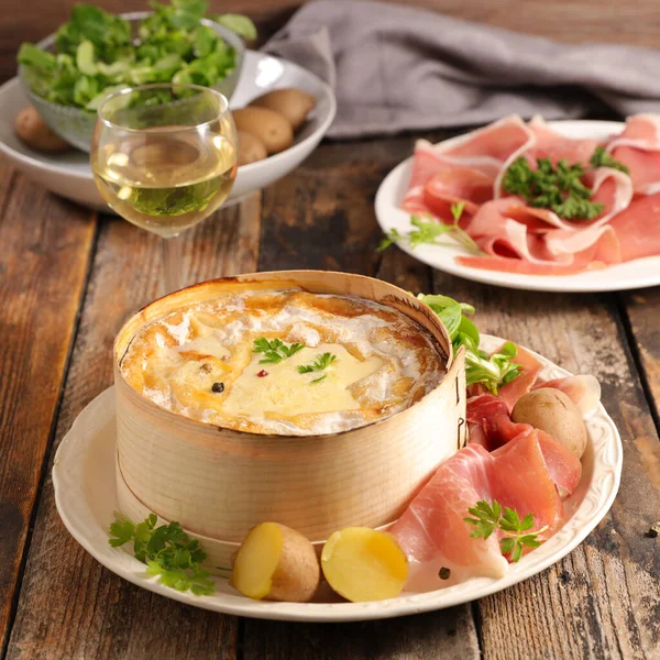 Fondue Cheese Mont Potato Salami — Stock Photo, Image