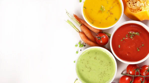 Sortido Sopa Legumes Colorido Tomate Abóbora Sopa Abobrinha — Fotografia de Stock