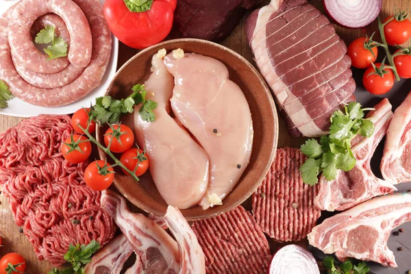 Sortido Carnes Top View Frango Carne Picada Carne Assada Salsicha — Fotografia de Stock