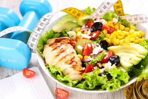 Diet Food Concept Vegetable Salad Chicken Meter Dumbbell — Stock Photo, Image