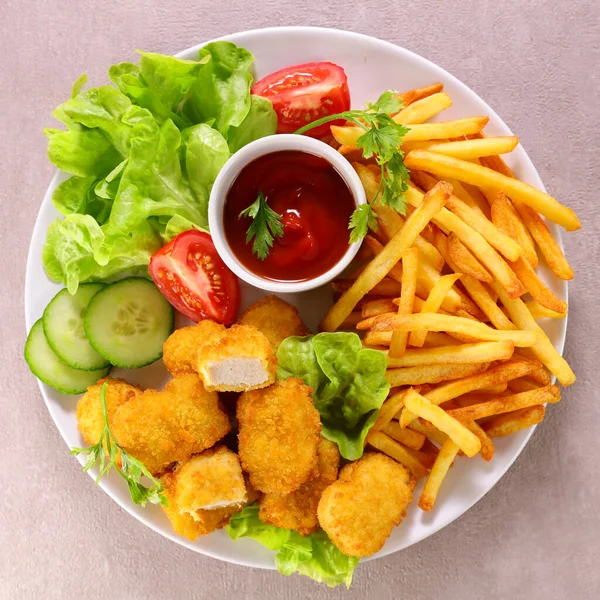 Fried Chicken French Fries Ketchup — Stock Photo, Image