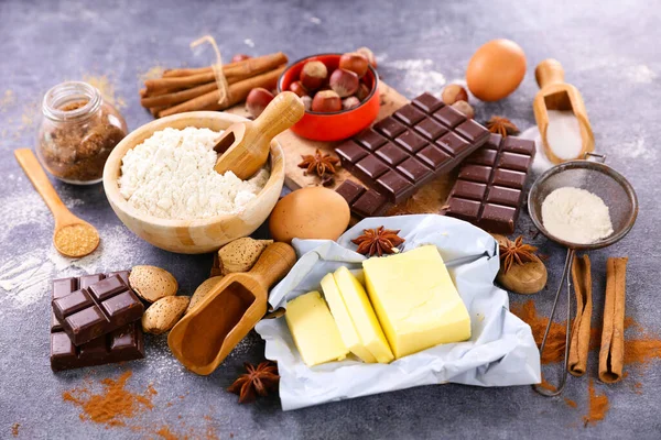 Sortido Assar Alimentos Ingrediente Para Cozinhar Bolo Chocolate Biscoitos — Fotografia de Stock