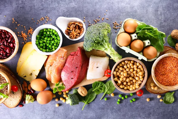 Ausgewogene Ernährung Auswahl Der Nahrungsmittel Proteinquellen — Stockfoto