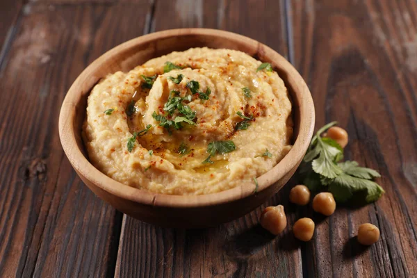 Tazón Hummus Sobre Fondo Madera — Foto de Stock