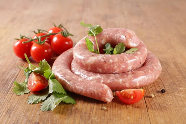 Raw Sausage Herbs Wood Background — Stock Photo, Image