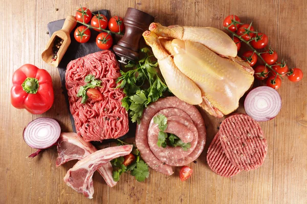 Varietà Carni Crude Manzo Salsiccia Bistecca Pollo — Foto Stock