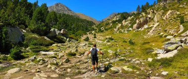 Adam dağda yürüyüş yapıyor.