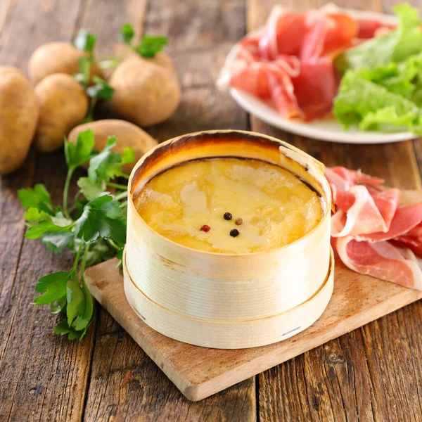 Mont French Gastronomy Cheese Fondue Potato Salami — Stock Photo, Image