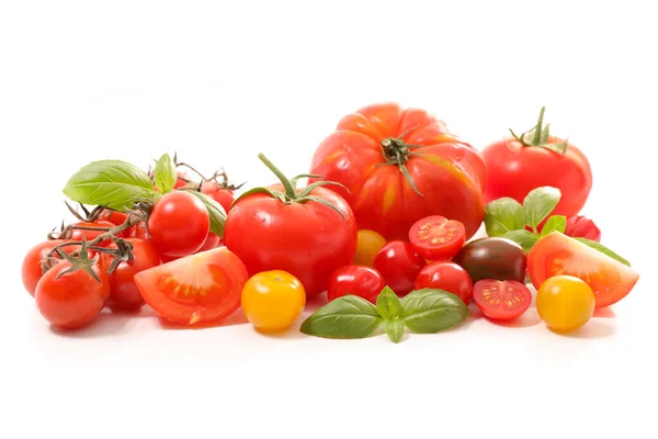 Variëteit Van Tomaten Met Basilicum Witte Achtergrond — Stockfoto