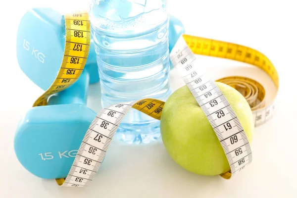 Dumbbell Apple Bottle Water — Stock Photo, Image