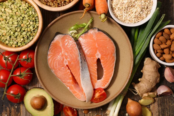 Auswahl Gesunden Lebensmitteln Lachs Obst Und Gemüse — Stockfoto