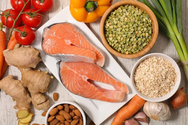 Auswahl Gesunden Lebensmitteln Lachs Obst Und Gemüse — Stockfoto