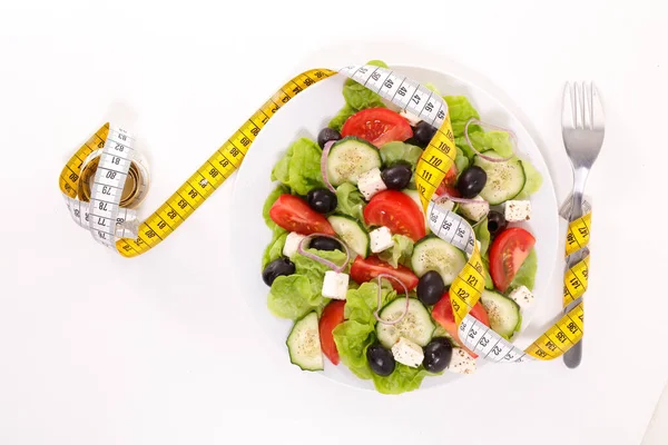 Concept Alimentaire Diététique Salade Légumes Avec Mètre Ruban Adhésif — Photo