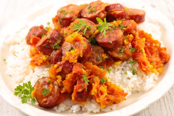 Creole Dish Rice Sausage Tomato Sauce Spicy — Stock Photo, Image