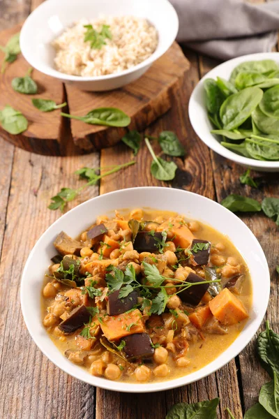 Légumes Curry Avec Riz Épinards — Photo