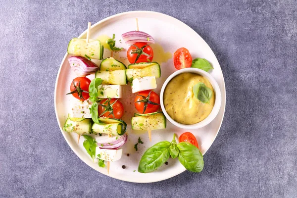 Brocheta Verduras Parrilla Salsa Baño —  Fotos de Stock