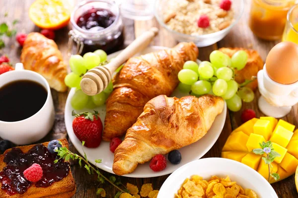 Breakfast Coffee Croissant Fresh Fruits Stock Picture