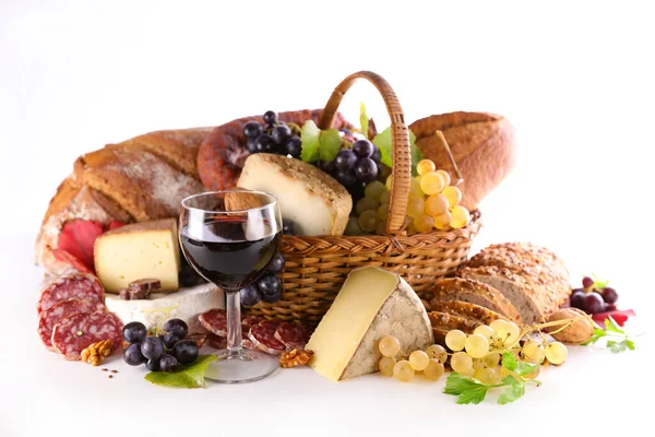 Rotwein Mit Käse Und Brotkomposition — Stockfoto