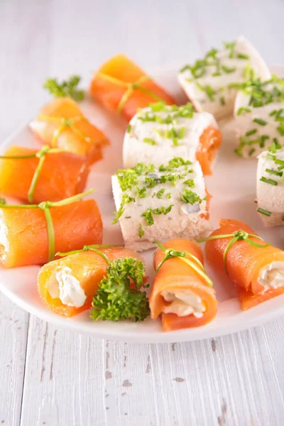 Canape Roll Ups Smoked Salmon Cream Cheese — Stock Photo, Image