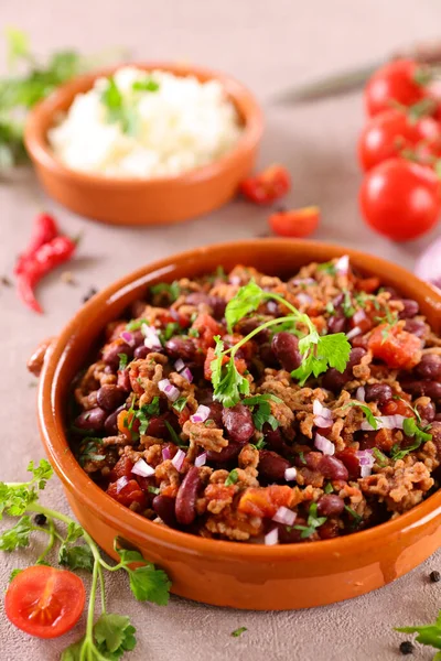 Chili Con Carne Bean Cooked Beef Spicy Tomato Sauce — Stock Photo, Image