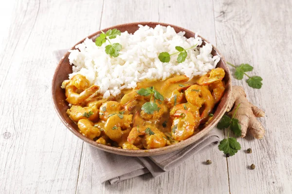 Garnalen Curry Kokossaus Met Rijst — Stockfoto