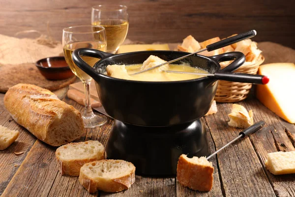 Cheese Fondue Bread Wine Glasses — Stock Photo, Image