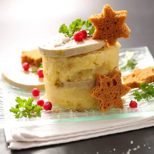 Purê Batata Com Fatia Foie Gras — Fotografia de Stock