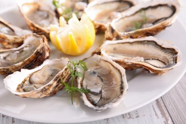 Fresh Oysters on wooden table clipart