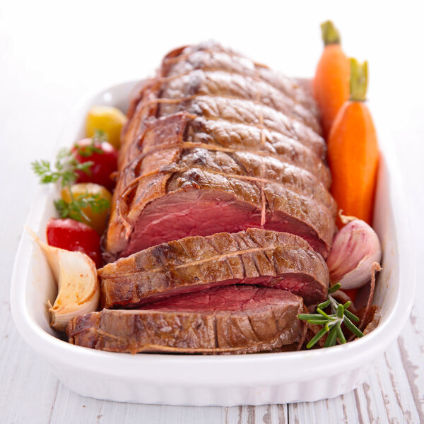 Roast beef in plate close up view