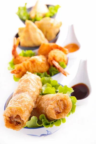 Spring roll, samosa and fritter shrimp — Stock Photo, Image