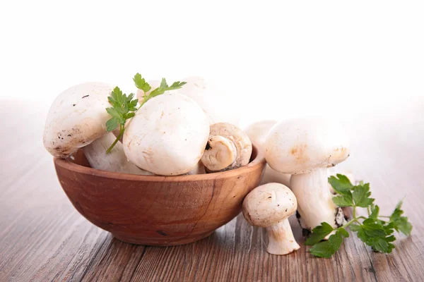 Raw mushroom in wooden bowl — Stock Photo, Image
